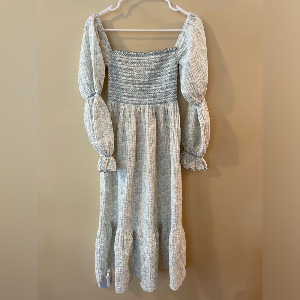 Smocked Bodice Puff Sleeve Midi Dress in Light Sage